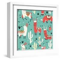 Llamas and Cactus on Green Background-Lidiebug-Framed Art Print