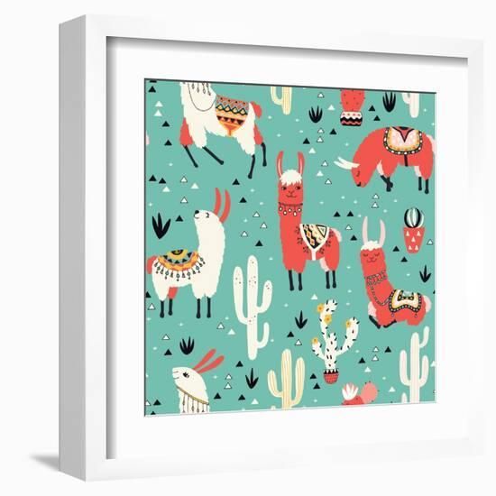 Llamas and Cactus on Green Background-Lidiebug-Framed Art Print