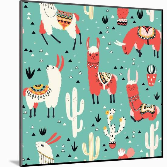 Llamas and Cactus on Green Background-Lidiebug-Mounted Art Print