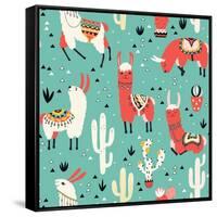 Llamas and Cactus on Green Background-Lidiebug-Framed Stretched Canvas