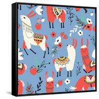 Llamas and Flowers on Blue Background-Lidiebug-Framed Stretched Canvas