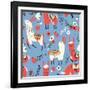 Llamas and Flowers on Blue Background-Lidiebug-Framed Art Print