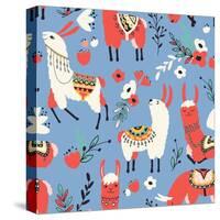 Llamas and Flowers on Blue Background-Lidiebug-Stretched Canvas