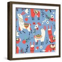 Llamas and Flowers on Blue Background-Lidiebug-Framed Art Print