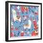 Llamas and Flowers on Blue Background-Lidiebug-Framed Art Print