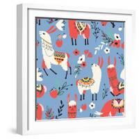 Llamas and Flowers on Blue Background-Lidiebug-Framed Art Print