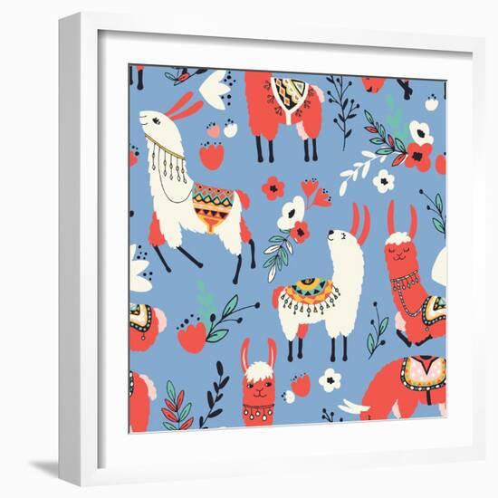 Llamas and Flowers on Blue Background-Lidiebug-Framed Art Print