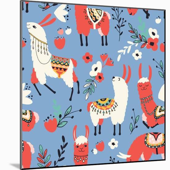 Llamas and Flowers on Blue Background-Lidiebug-Mounted Art Print