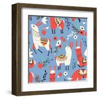 Llamas and Flowers on Blue Background-Lidiebug-Framed Art Print