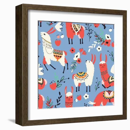 Llamas and Flowers on Blue Background-Lidiebug-Framed Art Print