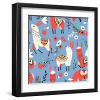 Llamas and Flowers on Blue Background-Lidiebug-Framed Art Print