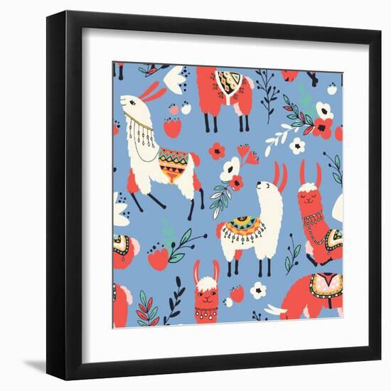 Llamas and Flowers on Blue Background-Lidiebug-Framed Art Print