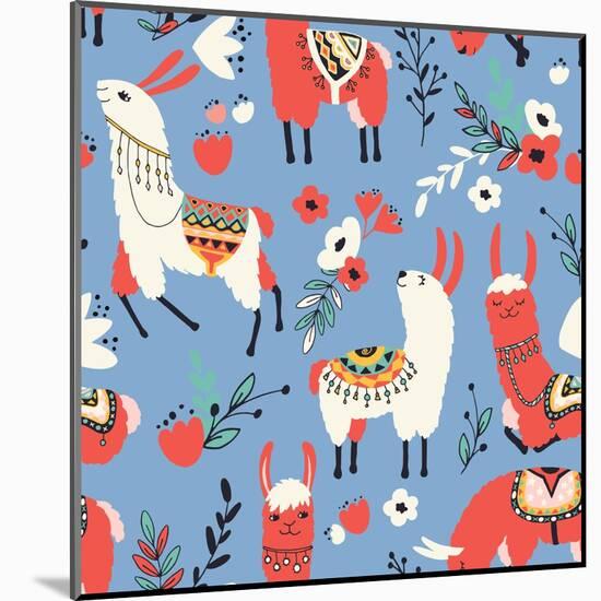 Llamas and Flowers on Blue Background-Lidiebug-Mounted Art Print