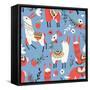 Llamas and Flowers on Blue Background-Lidiebug-Framed Stretched Canvas
