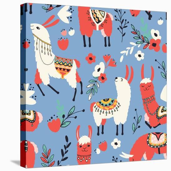 Llamas and Flowers on Blue Background-Lidiebug-Stretched Canvas