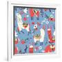 Llamas and Flowers on Blue Background-Lidiebug-Framed Art Print