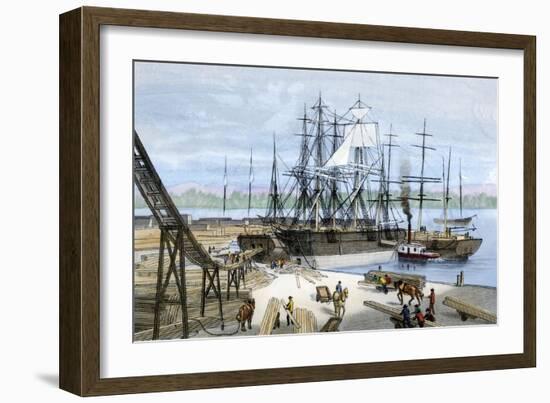 Loading Lumber Onto Ships in Puget Sound, Washington State, c.1880-null-Framed Giclee Print