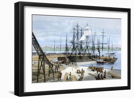 Loading Lumber Onto Ships in Puget Sound, Washington State, c.1880-null-Framed Giclee Print