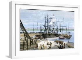 Loading Lumber Onto Ships in Puget Sound, Washington State, c.1880-null-Framed Giclee Print