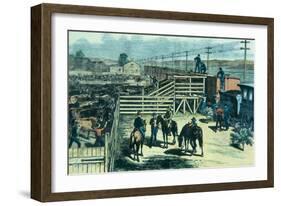 Loading Texas Cattle Onto a Train at Abilene Railhead, Kansas, c.1870-null-Framed Giclee Print