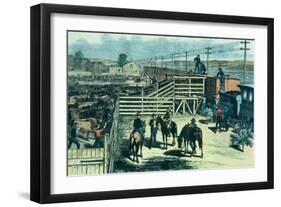 Loading Texas Cattle Onto a Train at Abilene Railhead, Kansas, c.1870-null-Framed Giclee Print