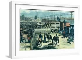 Loading Texas Cattle Onto a Train at Abilene Railhead, Kansas, c.1870-null-Framed Giclee Print