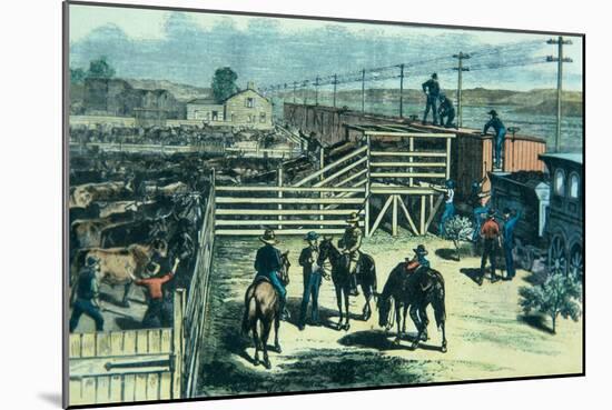 Loading Texas Cattle Onto a Train at Abilene Railhead, Kansas, c.1870-null-Mounted Giclee Print