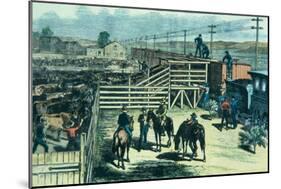 Loading Texas Cattle Onto a Train at Abilene Railhead, Kansas, c.1870-null-Mounted Giclee Print