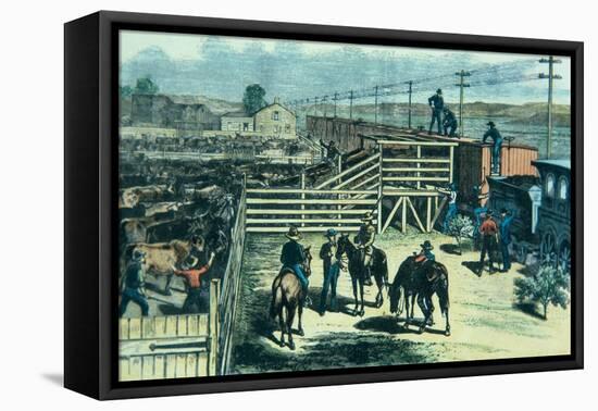 Loading Texas Cattle Onto a Train at Abilene Railhead, Kansas, c.1870-null-Framed Stretched Canvas