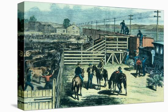 Loading Texas Cattle Onto a Train at Abilene Railhead, Kansas, c.1870-null-Stretched Canvas