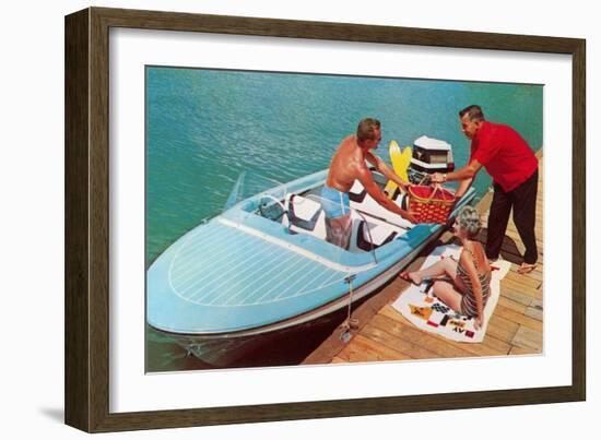 Loading Up Speedboat, Retro-null-Framed Art Print