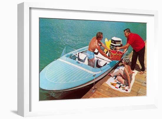 Loading Up Speedboat, Retro-null-Framed Art Print