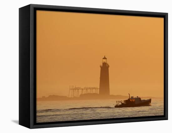Lobster Boat Passes Ram Island Ledge Light at Dawn Off Cape Elizabeth, Maine-null-Framed Stretched Canvas