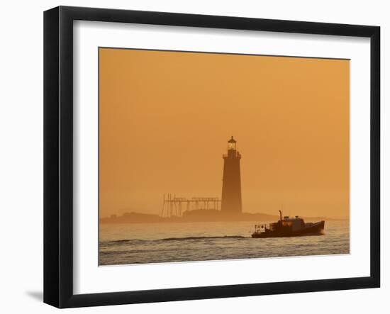 Lobster Boat Passes Ram Island Ledge Light at Dawn Off Cape Elizabeth, Maine-null-Framed Premium Photographic Print