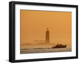 Lobster Boat Passes Ram Island Ledge Light at Dawn Off Cape Elizabeth, Maine-null-Framed Premium Photographic Print