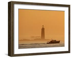 Lobster Boat Passes Ram Island Ledge Light at Dawn Off Cape Elizabeth, Maine-null-Framed Photographic Print
