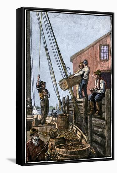 Lobster-Boat Unloaded Along a Maine Pier, circa 1880-null-Framed Stretched Canvas