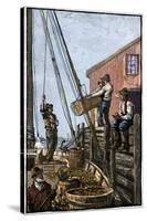 Lobster-Boat Unloaded Along a Maine Pier, circa 1880-null-Stretched Canvas