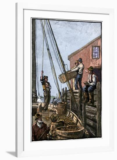 Lobster-Boat Unloaded Along a Maine Pier, circa 1880-null-Framed Giclee Print