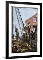 Lobster-Boat Unloaded Along a Maine Pier, circa 1880-null-Framed Giclee Print