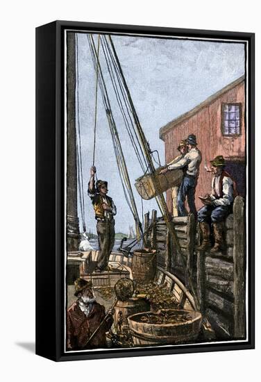 Lobster-Boat Unloaded Along a Maine Pier, circa 1880-null-Framed Stretched Canvas