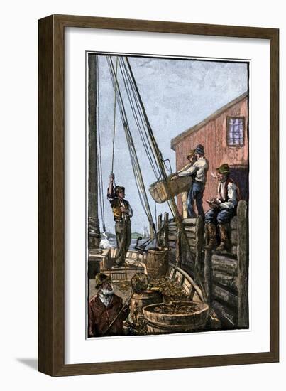 Lobster-Boat Unloaded Along a Maine Pier, circa 1880-null-Framed Giclee Print