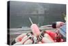 Lobster Trap Buoys and Distant Bdoathouse in Fog, New Harbor, Maine, USA-Lynn M^ Stone-Stretched Canvas