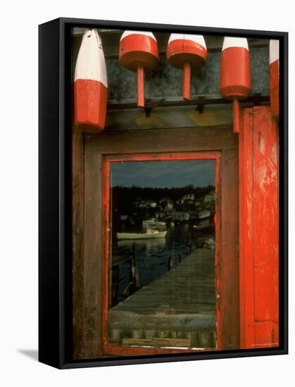 Lobsterman's Shack and Lobster Buoys Dock Reflected in Door-Dmitri Kessel-Framed Stretched Canvas