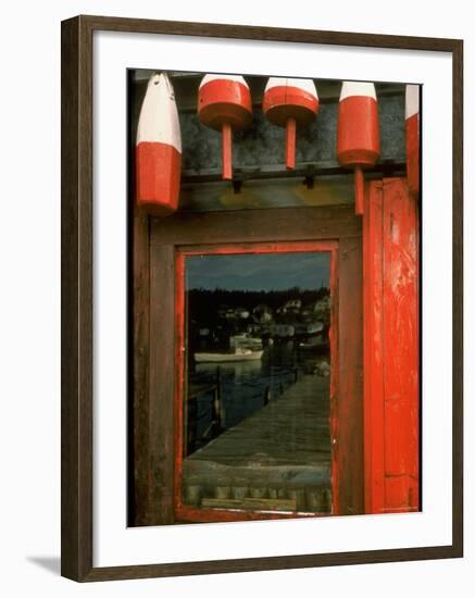 Lobsterman's Shack and Lobster Buoys Dock Reflected in Door-Dmitri Kessel-Framed Photographic Print