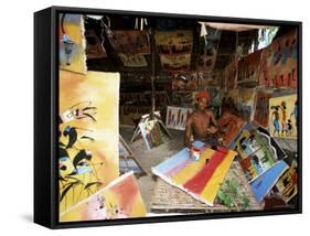 Local Artist with His Tingatinga Paintings, Zanzibar, Tanzania, East Africa, Africa-Yadid Levy-Framed Stretched Canvas