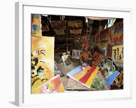 Local Artist with His Tingatinga Paintings, Zanzibar, Tanzania, East Africa, Africa-Yadid Levy-Framed Photographic Print