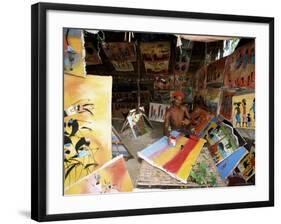 Local Artist with His Tingatinga Paintings, Zanzibar, Tanzania, East Africa, Africa-Yadid Levy-Framed Photographic Print