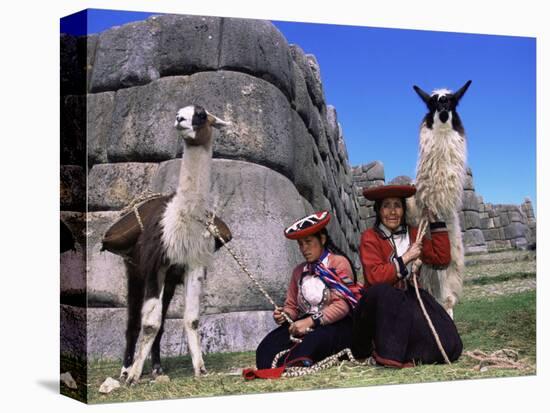 Local Indian Women with Domestic Llamas, Sacsayhumman, Cusco, Peru, South America-Pete Oxford-Stretched Canvas