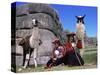 Local Indian Women with Domestic Llamas, Sacsayhumman, Cusco, Peru, South America-Pete Oxford-Stretched Canvas